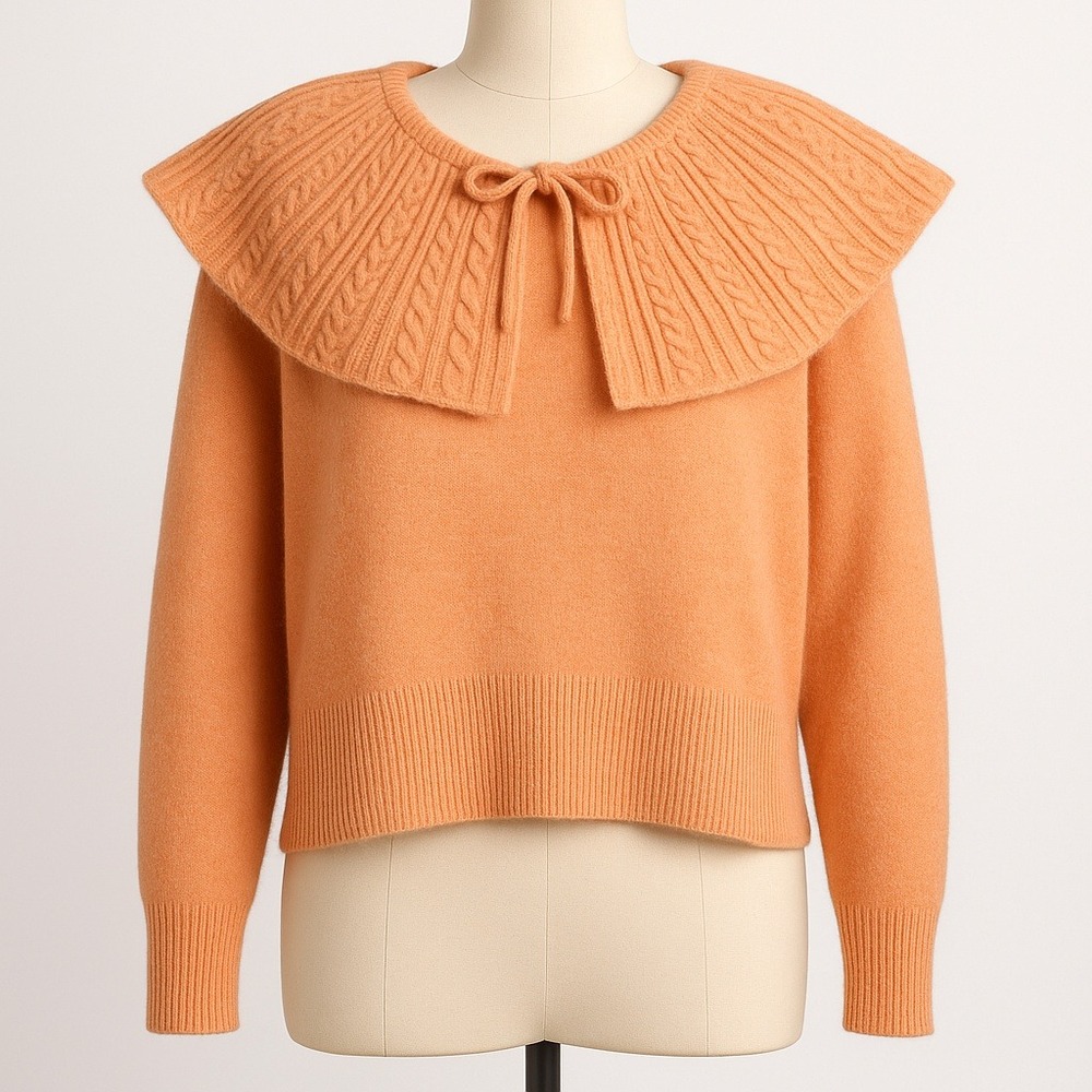 Preppy Cable Knit Wool Oversized Collar Sweater Size L Orange Twee‎ Cottagecore